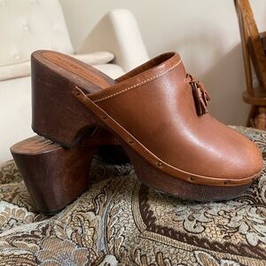 Ralph Lauren Brown Leather Wooden Platform Clogs Women’s Size 9